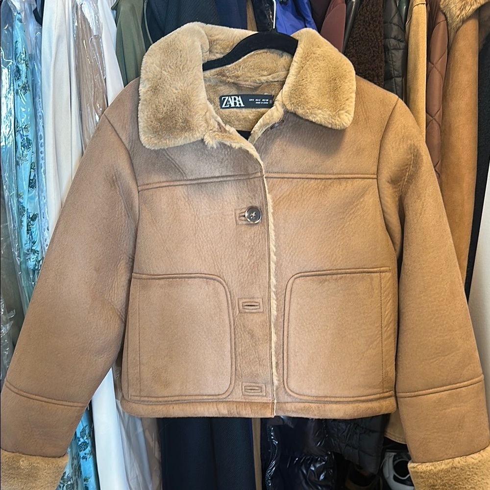 Zara Women Tan Faux Shearling Jacket